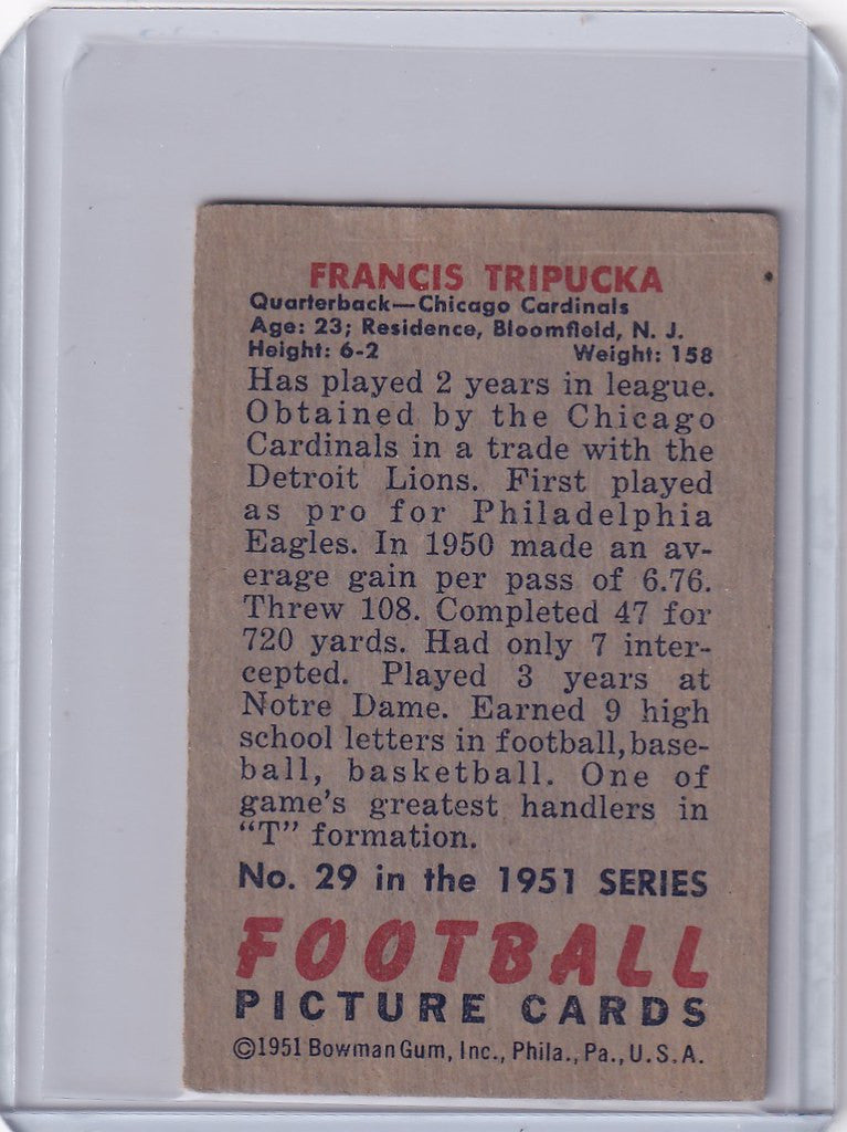 Vintage Bowman Football card of Frank Tripucka from Chicago Cardinals with stats