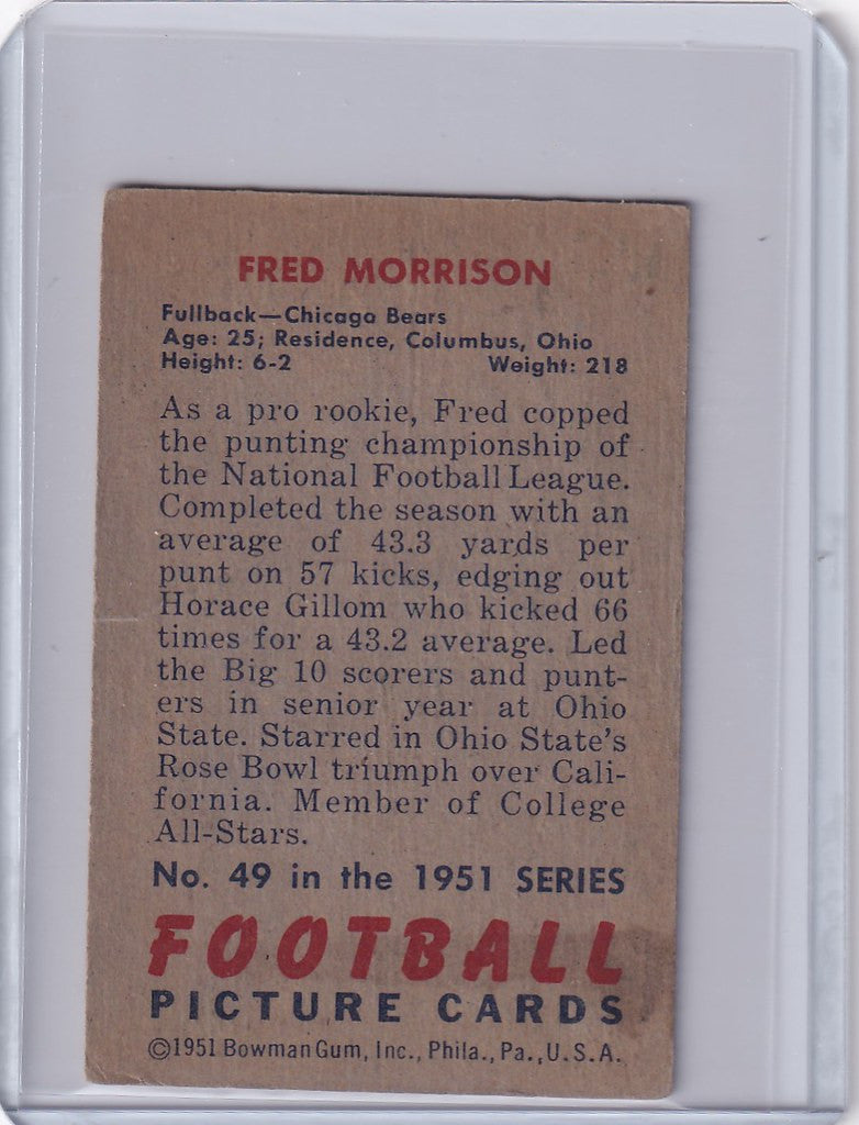 Vintage 1951 Bowman Football card of Fred Morrison, Chicago Bears player