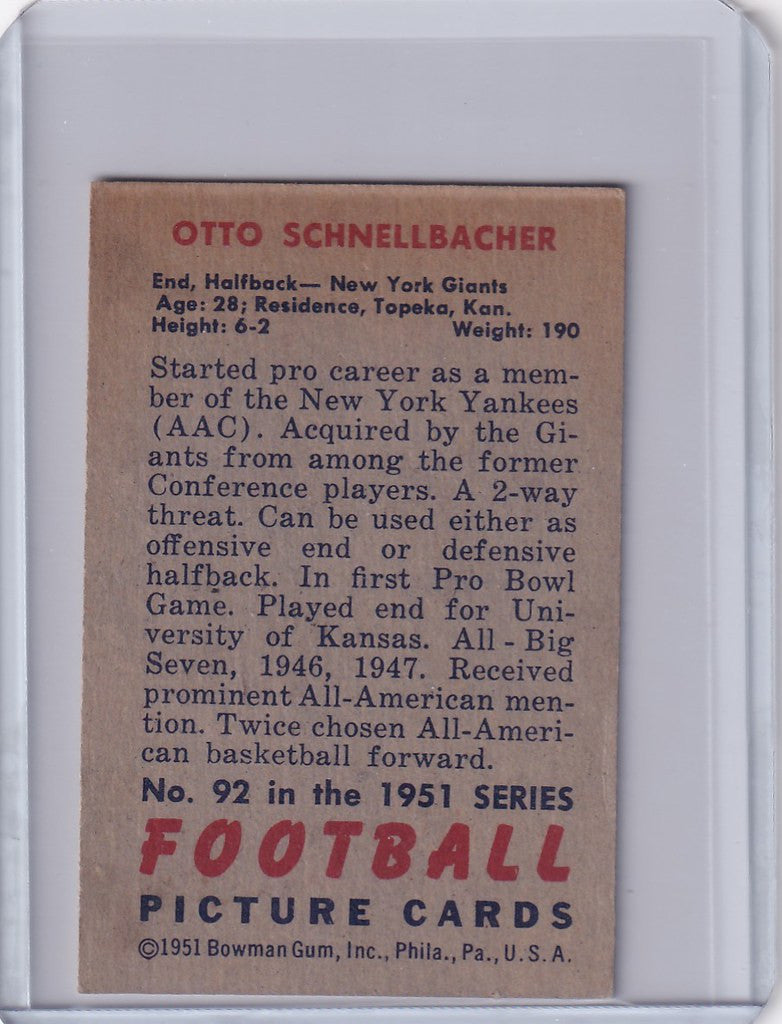 Vintage Bowman Football trading card of Otto Schnellbacher from the New York Giants