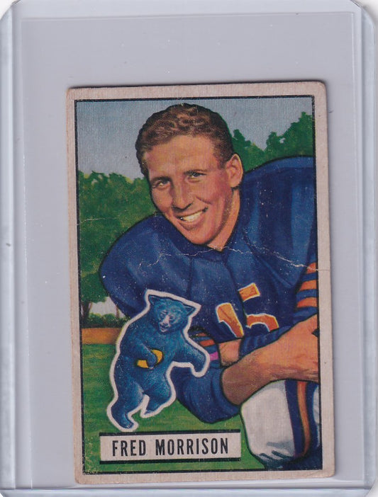 Vintage 1951 Bowman Football card of Fred Morrison, Chicago Bears player in blue uniform