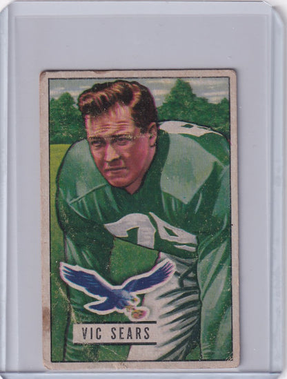 Vintage 1951 Bowman Football card of Vic Sears in Philadelphia Eagles green jersey 34