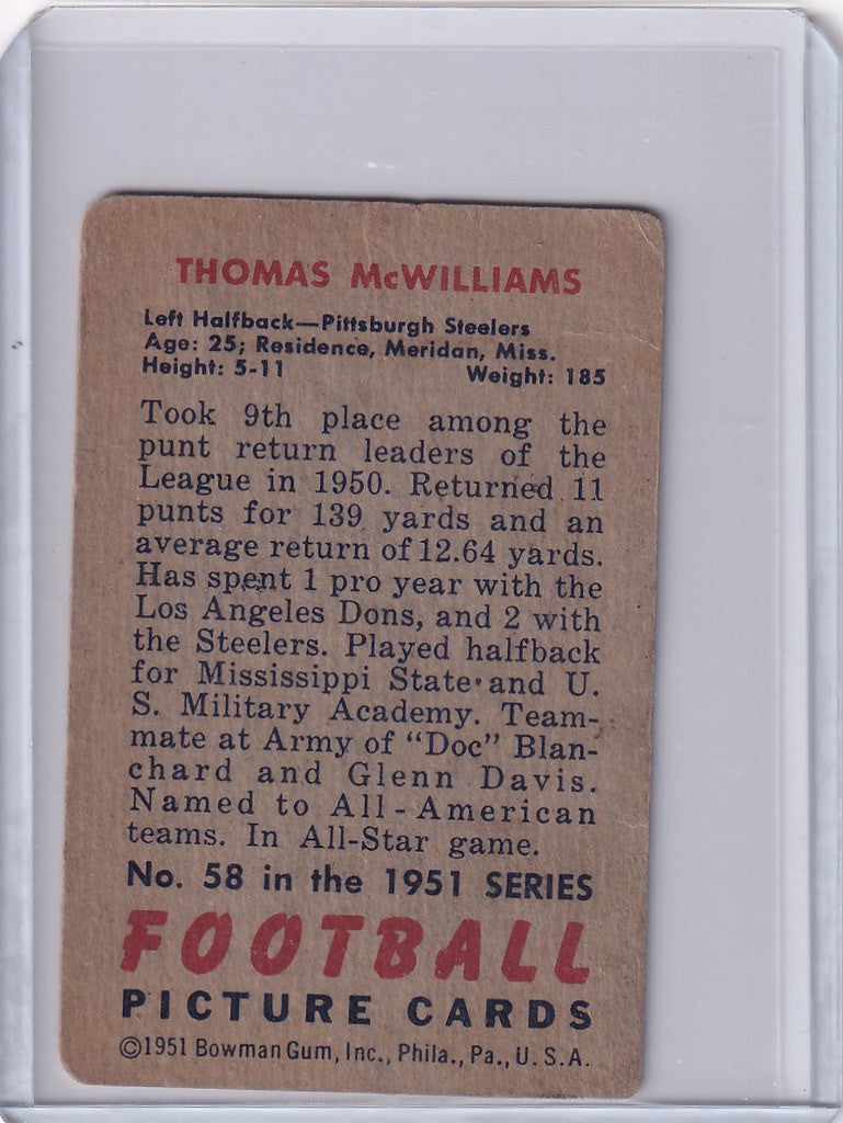 Vintage 1951 Bowman Football card of Tom McWilliams from the Pittsburgh Steelers