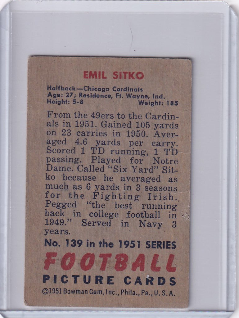 Vintage Bowman Football card featuring Emil Sitko of the Chicago Cardinals