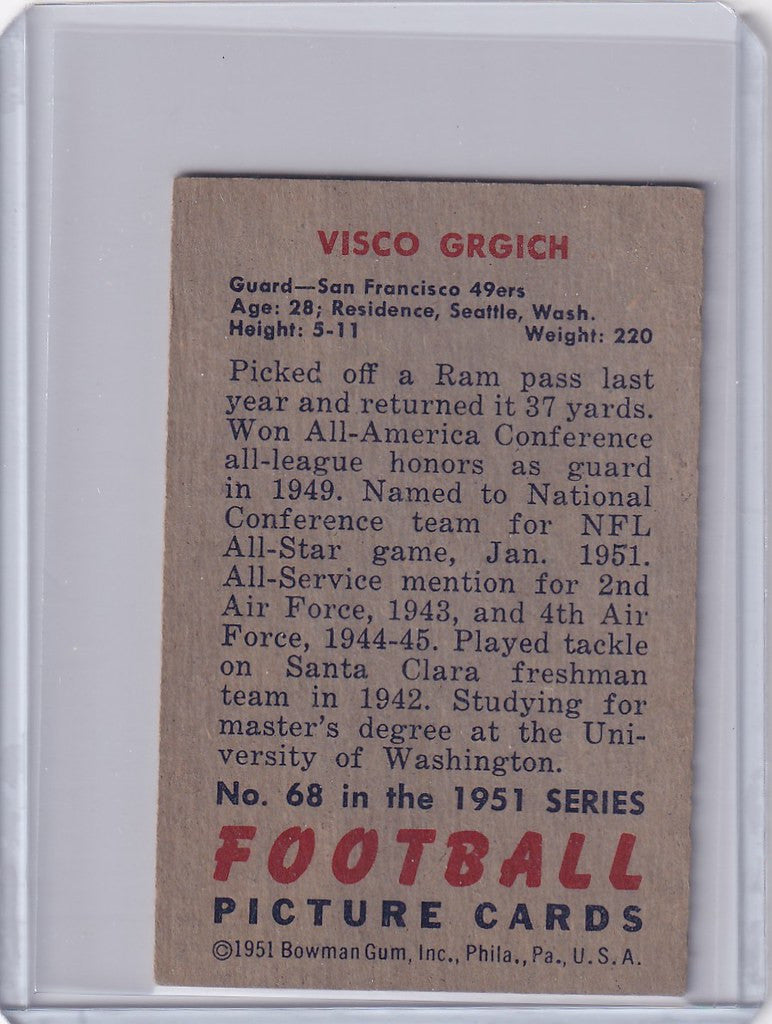 Vintage 1951 Bowman Football card of Visco Grgich from the San Francisco 49ers