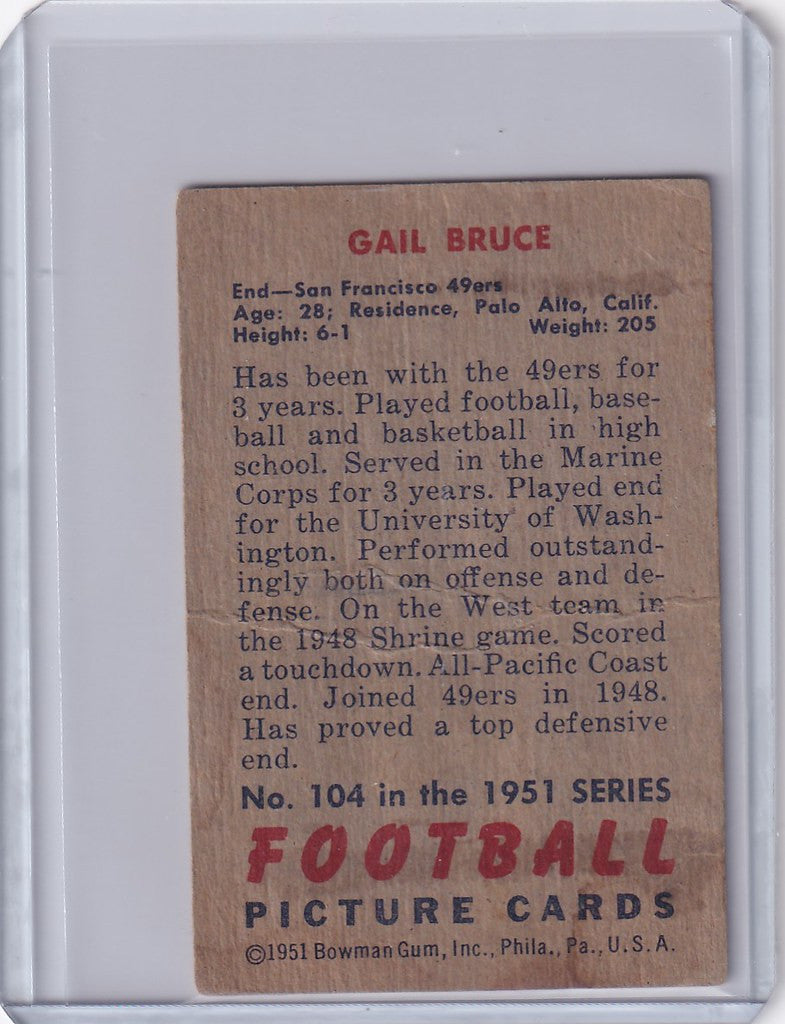 Vintage Bowman Football trading card of Gail Bruce from the San Francisco 49ers