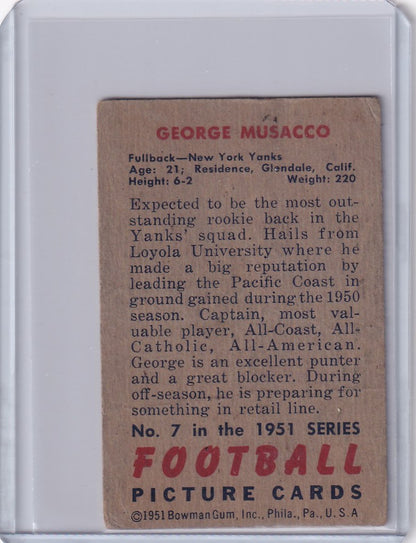 Vintage 1951 Bowman Football card of George Musacco, New York Yanks player