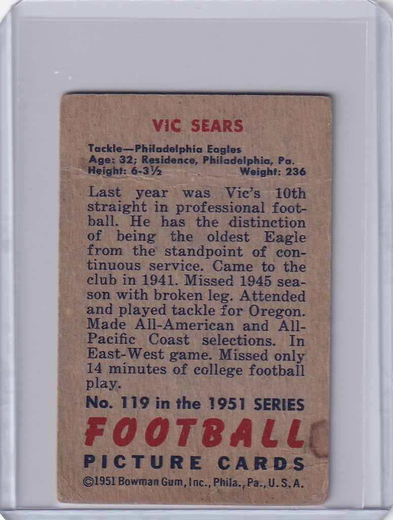 Vintage 1951 Bowman Football card of Vic Sears, Philadelphia Eagles player statistics