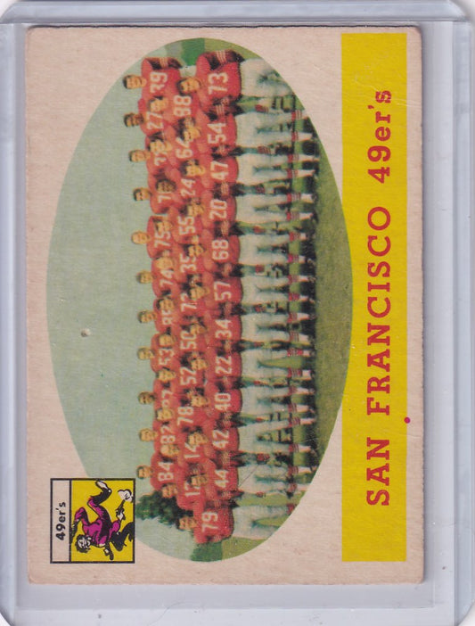 Vintage Topps Football card featuring San Francisco 49ers team photo from 1958