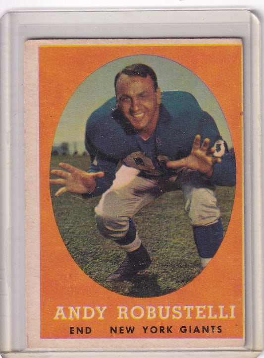 Vintage Topps Football card of Andy Robustelli in crouched position for New York Giants