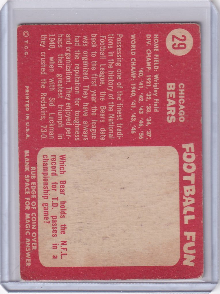 Vintage 1958 Topps Football card featuring Chicago Bears Team on red background