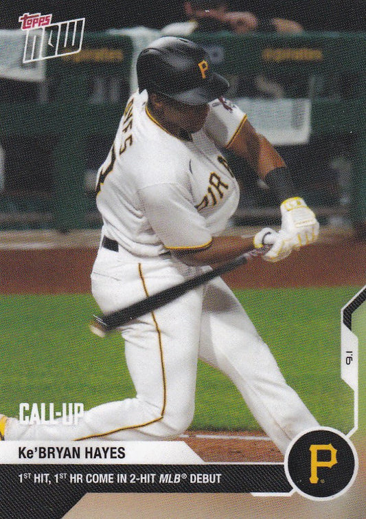 Baseball card of Ke’Bryan Hayes Pittsburgh Pirates player in white uniform at bat