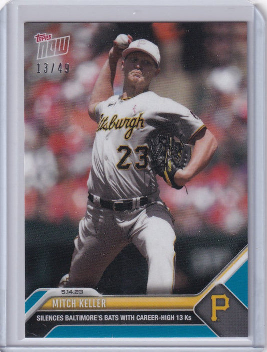 Baseball card of Mitch Keller Pittsburgh Pirates pitcher in mid-throw action