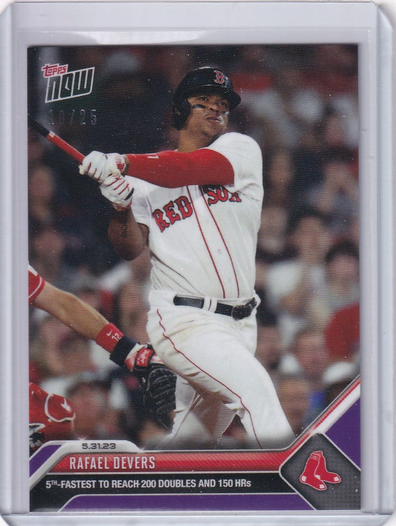 Baseball card of Rafael Devers in a Boston Red Sox home uniform at bat