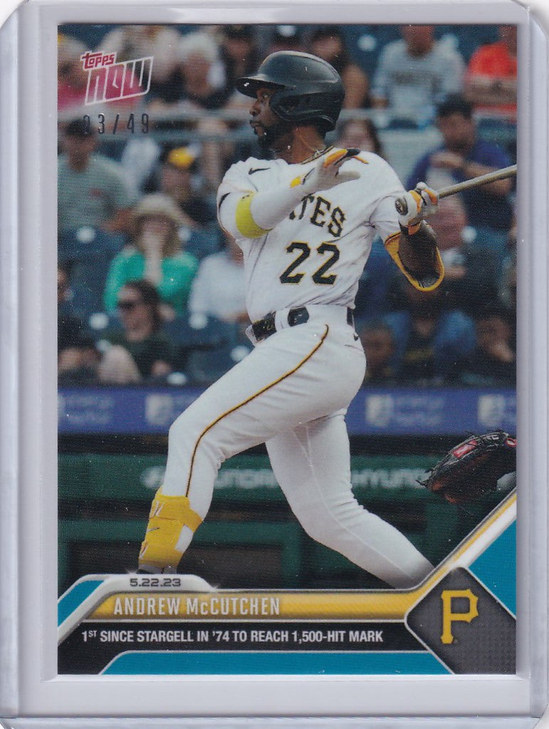 Baseball card of Andrew McCutchen swinging bat for Pittsburgh Pirates jersey number 22