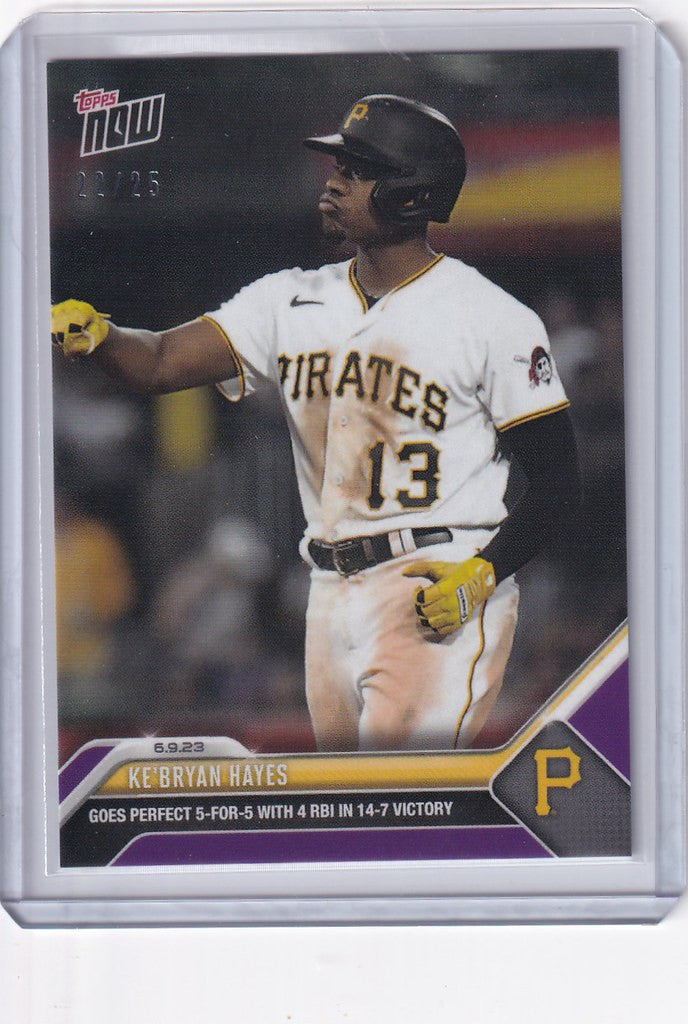 Baseball card of Ke’Bryan Hayes, Pittsburgh Pirates player in white uniform number 13