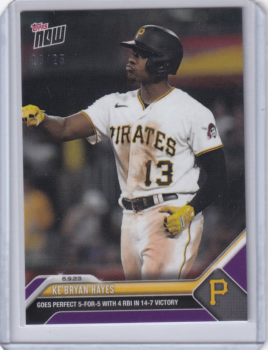 Baseball card of Ke’Bryan Hayes Pittsburgh Pirates in batting stance, 18/25