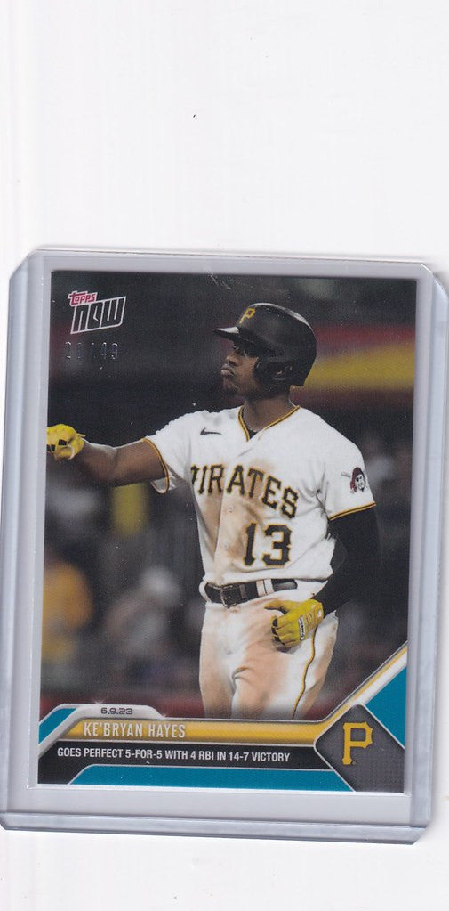 Baseball trading card of Ke’Bryan Hayes, Pittsburgh Pirates player in uniform