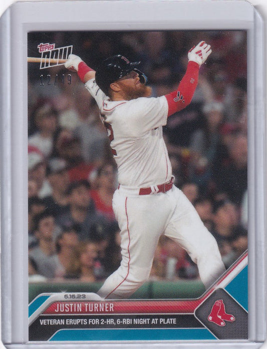 Baseball trading card of Justin Turner celebrating in Red Sox uniform