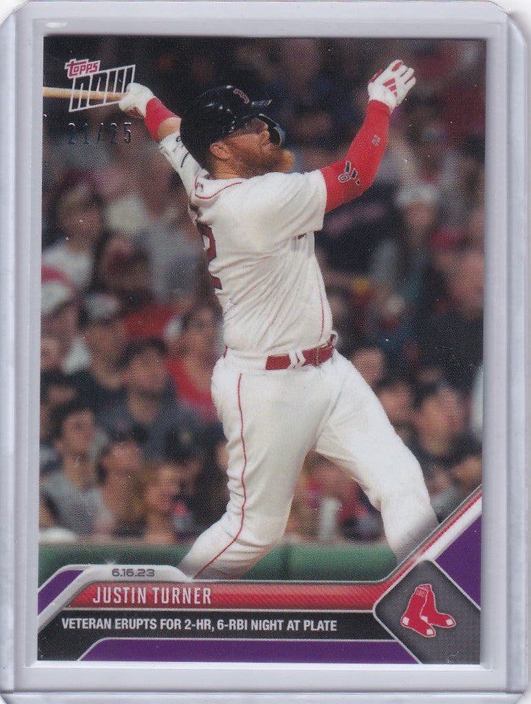 Baseball card of Justin Turner mid-swing for Boston Red Sox, limited edition 21/25