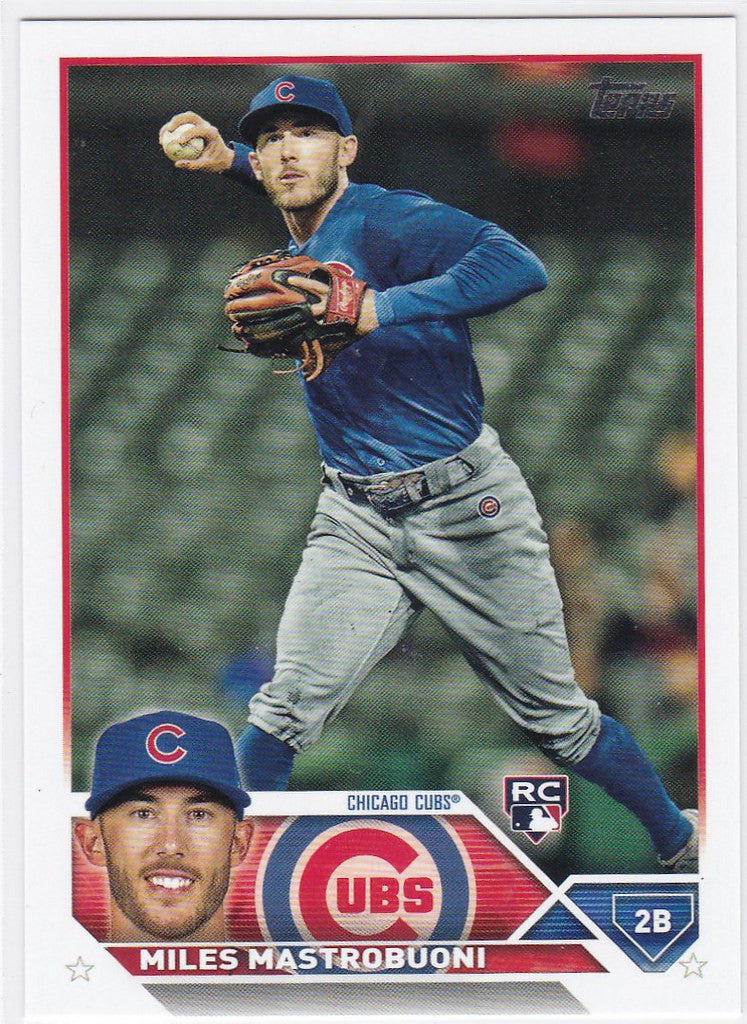 Baseball card of Miles Mastrobuoni RC Chicago Cubs in action with a portrait image