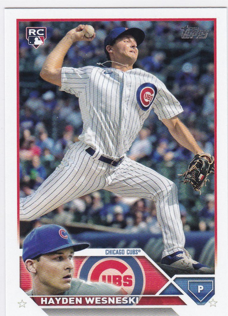 Baseball card of Hayden Wesneski RC featuring Chicago Cubs pitcher in mid-throw