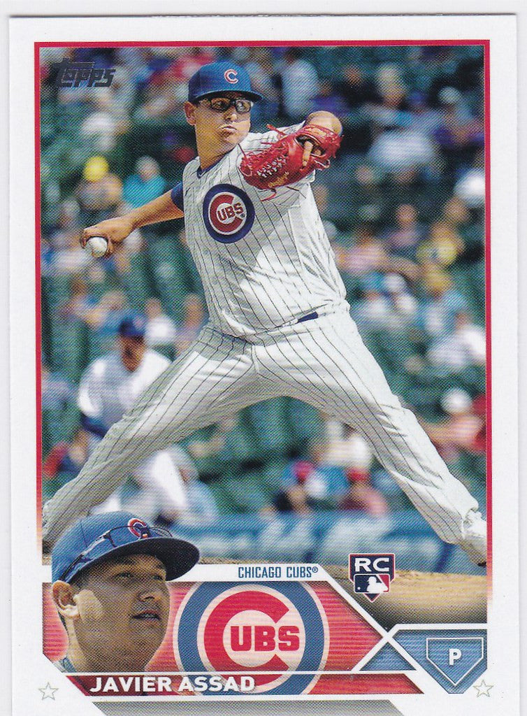 Baseball card of Javier Assad RC, Chicago Cubs pitcher in mid-throw action