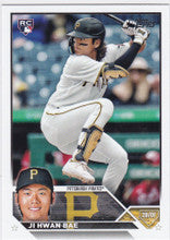 Baseball card of Hwan Bae swinging bat for Pittsburgh Pirates, 2023 Topps #491 RC