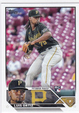 Baseball card of Luis Ortiz RC mid-throw for Pittsburgh Pirates 2023 Topps #582