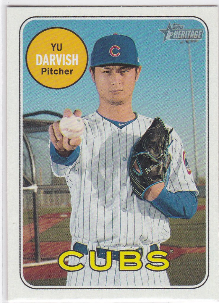 Baseball card of Yu Darvish in pinstriped uniform for Topps Heritage High Cubs