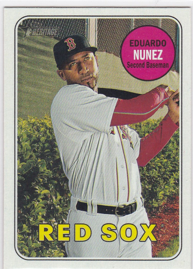 Baseball card of Eduardo Nunez Boston in batting stance from Topps Heritage High Number