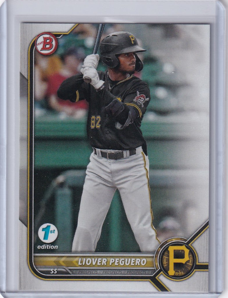 Baseball card of Liover Peguero at bat from 2022 Bowman 1st Edition Pittsburgh Pirates