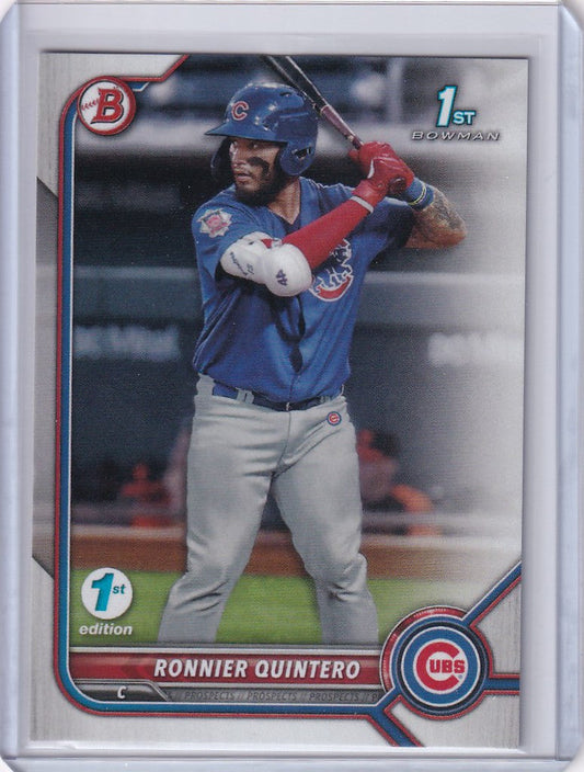 Baseball card of Ronnier Quintero Chicago Cubs in blue uniform from Bowman 1st Edition