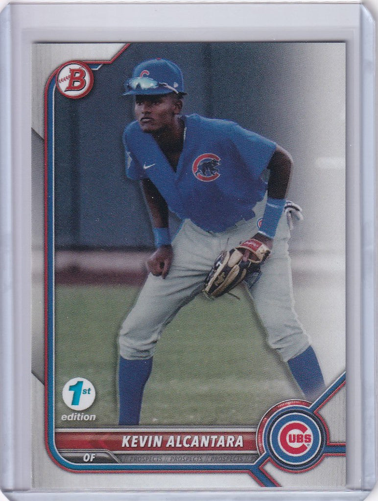 Baseball card of Kevin Alcantara Chicago Cubs in fielding stance from Bowman 1st Edition