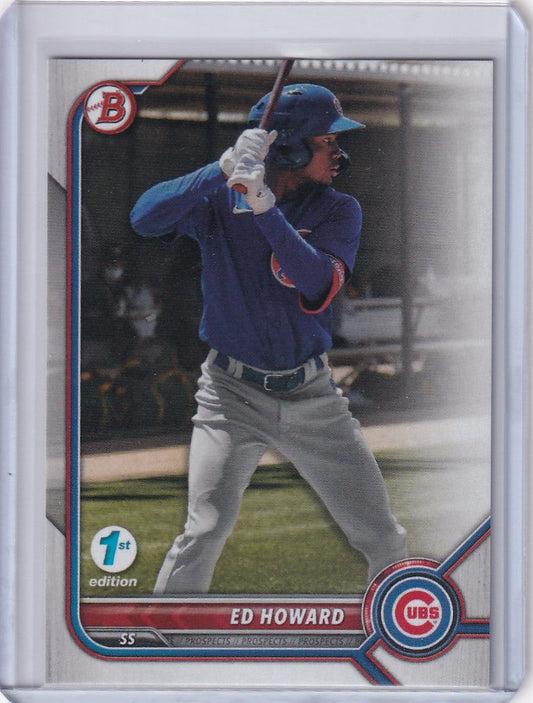 Baseball trading card of Ed Howard Chicago Cubs in blue uniform from Bowman 1st Edition