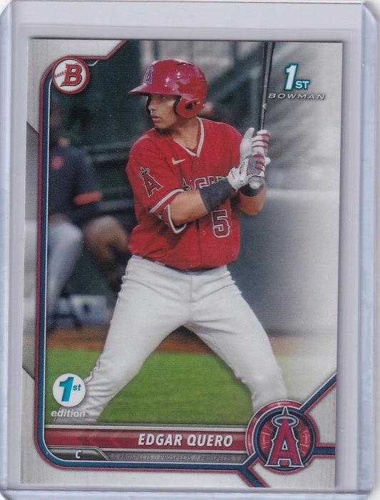 Baseball card of Edgar Quero Angels in batting stance, 2022 Bowman 1st Edition