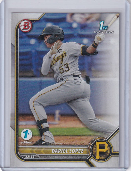 Baseball card of Dariel Lopez Pittsburgh Pirates in mid-swing from Bowman 1st Edition