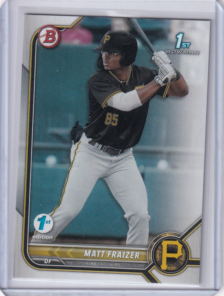 Baseball card of Matt Fraizer in batting stance from Bowman 1st Edition Pittsburgh Pirates