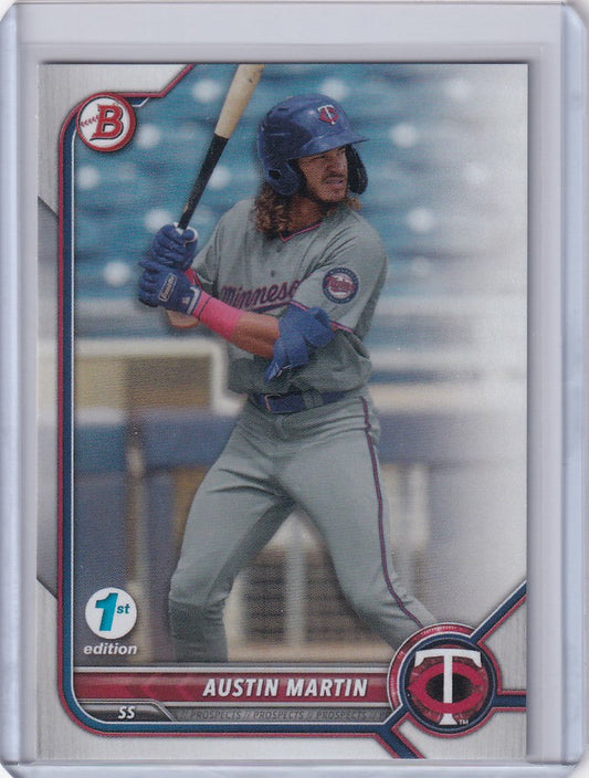 Baseball card of Austin Martin Minnesota Twins in batting stance from Bowman 1st Edition