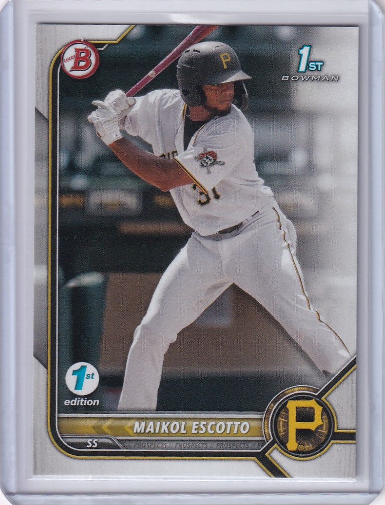 Baseball card of Maikol Escotto Pittsburgh Pirates in batting stance from Bowman 1st Edition