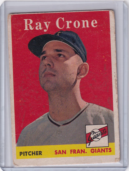 Vintage 1958 Topps baseball card of Ray Crone, pitcher for the San Francisco Giants