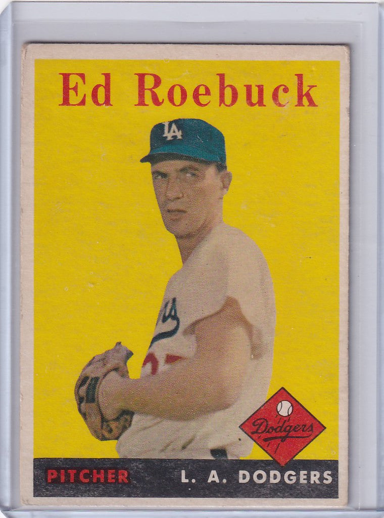 Vintage Los Angeles Dodgers baseball card depicting pitcher Ed Roebuck on yellow background