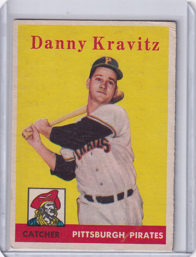 Vintage baseball card of Danny Kravitz, Pittsburgh Pirates catcher in batting pose