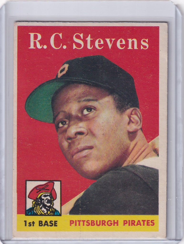 Vintage trading card of R.C. Stevens - Pittsburgh Pirates against a red background