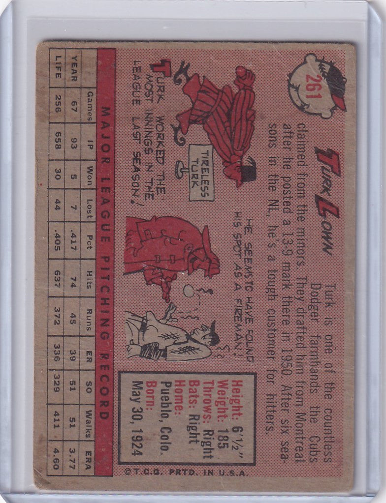 Vintage baseball card of Turk Lown for Chicago Cubs featuring cartoon illustrations