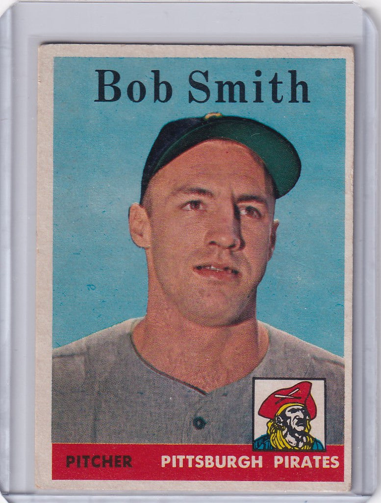 Vintage 1958 Topps Bob Smith Pittsburgh Pirates card on teal background