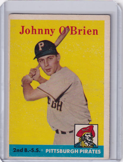 Baseball card of Johnny O’Brien in batting stance for Pittsburgh Pirates on yellow background