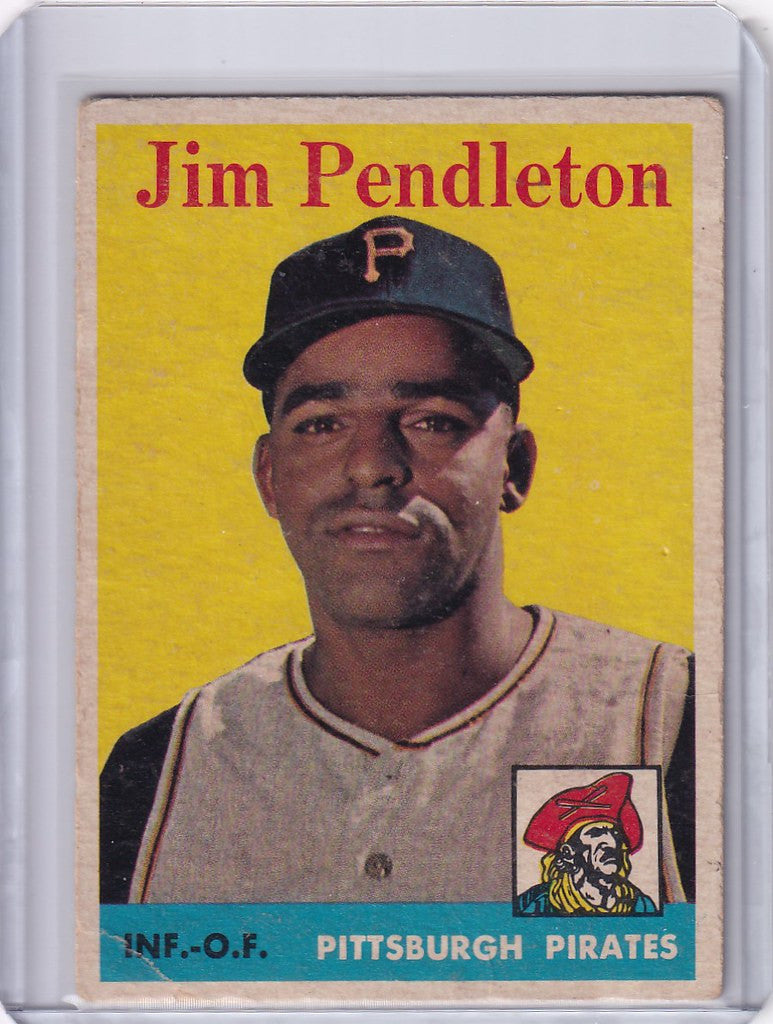 1958 Topps #104 Jim Pendleton - Pittsburgh Pirates card on a yellow background