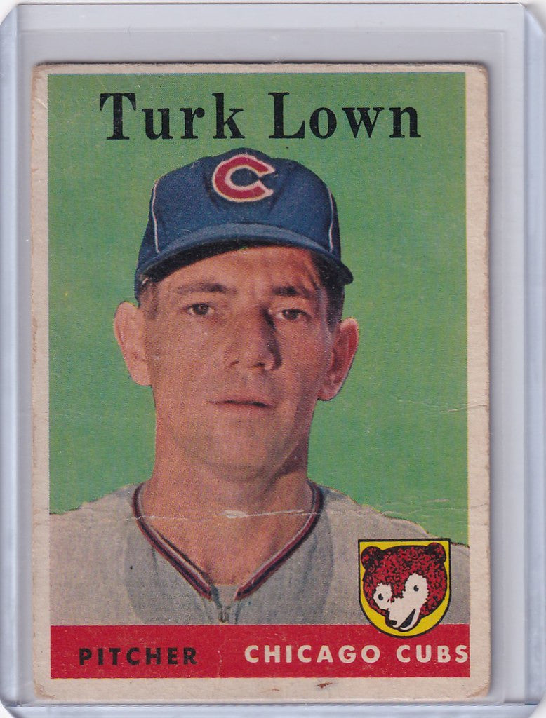 Vintage 1958 Topps #261 Turk Lown Chicago Cubs trading card showcasing the pitcher