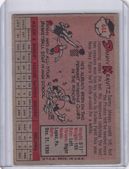 Vintage baseball card of Danny Kravitz from the Pittsburgh Pirates with illustrations and stats