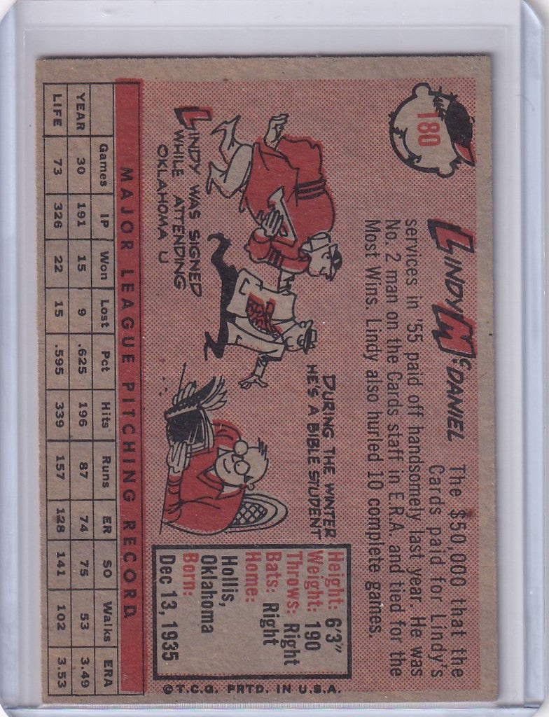 Vintage trading card of Lindy McDaniel from the St. Louis Cardinals, featuring stats and illustrations